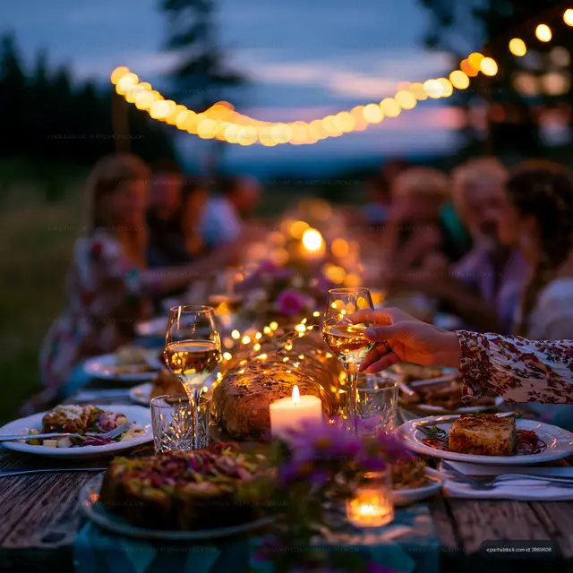 Outdoor dinner party with lights and people at sunset