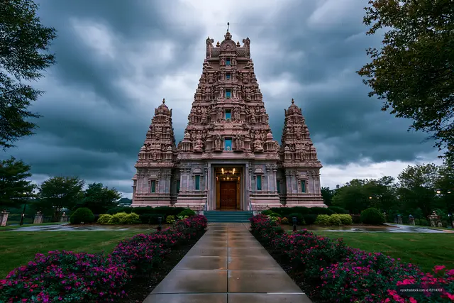 Beautiful temple with intricate architecture under cloudy sky