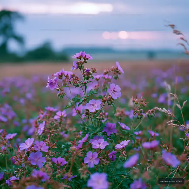 Purple flowers blooming in a field at sunset
