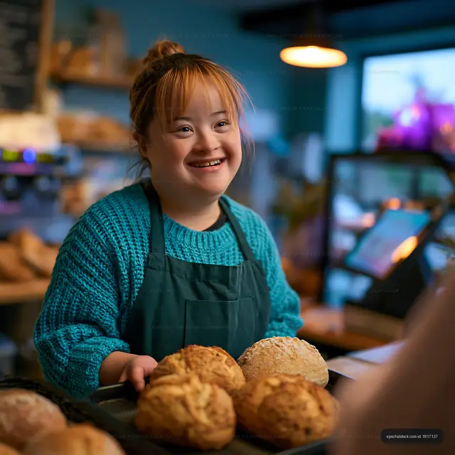 Young woman at bakery smiling while holding freshly baked bread