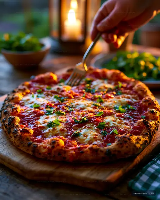 Freshly baked pizza on wooden board with hand serving