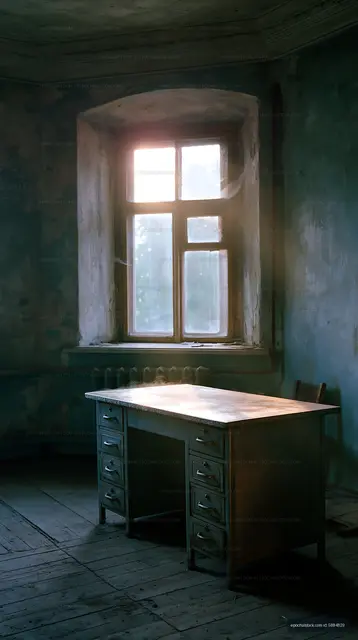 Light shines through a window in a rustic room with a table