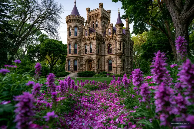 Castle surrounded by flowers in a garden setting