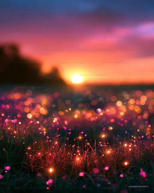 Sunset over field with glowing lights and soft bokeh effect