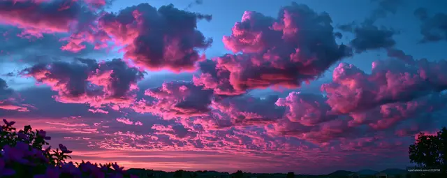 Colorful sunset with clouds and flowers in the foreground