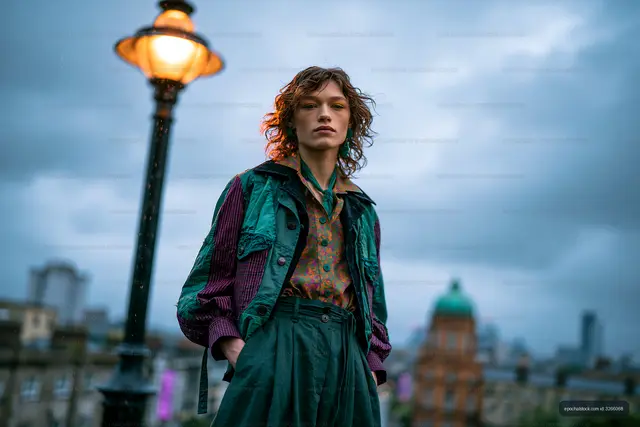 Model posing near streetlamp during cloudy evening