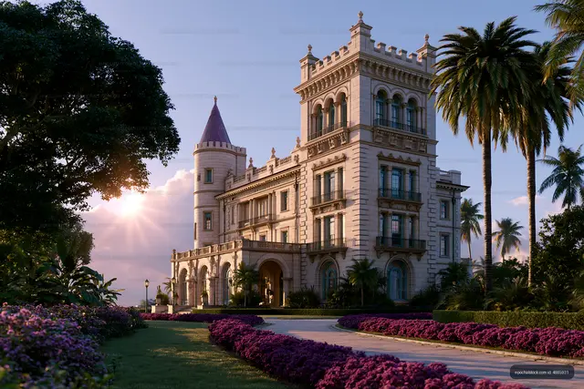 Historic mansion surrounded by gardens at sunset
