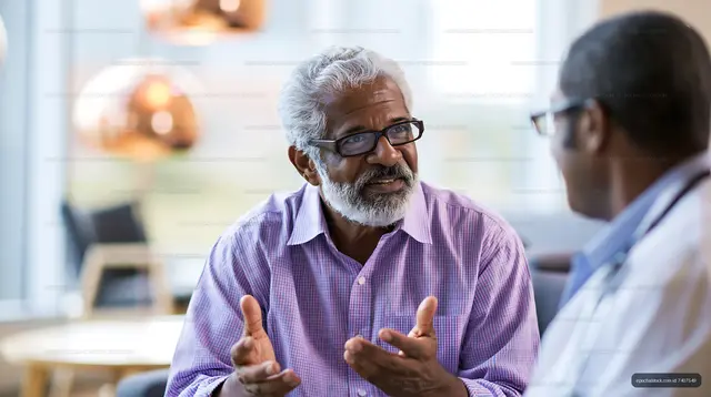 Elderly man speaking with a doctor in a modern waiting area