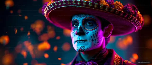 Man in traditional attire with painted face at a festive celebration