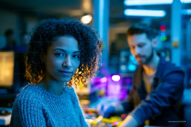 Young woman working in an office with a man in the background