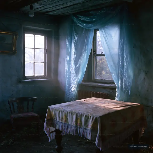 Quiet room with sunlight and blue curtains