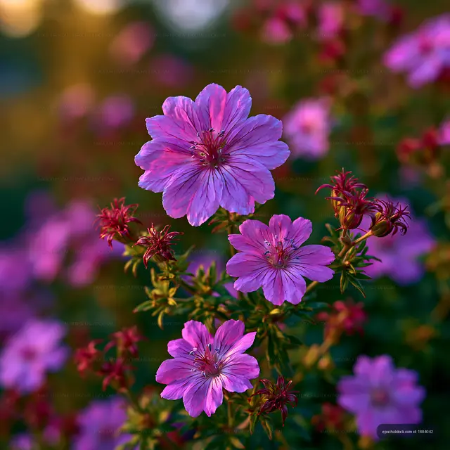 Purple flowers blooming in a garden at sunset