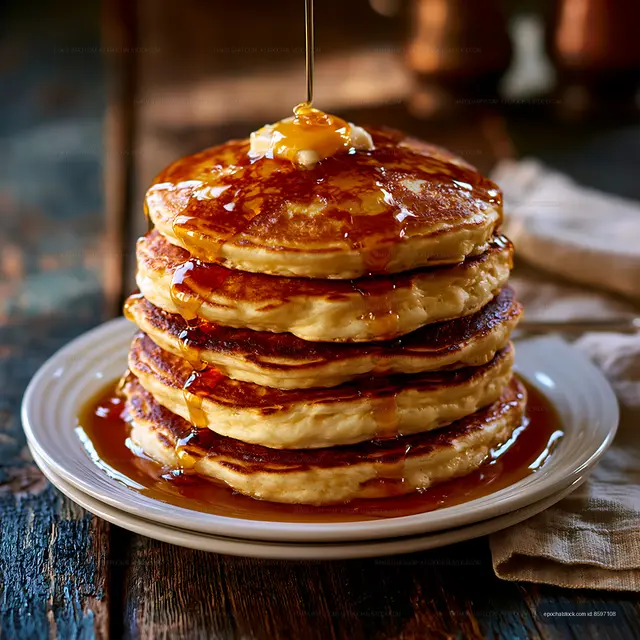 Stack of pancakes with syrup and butter on a wooden table