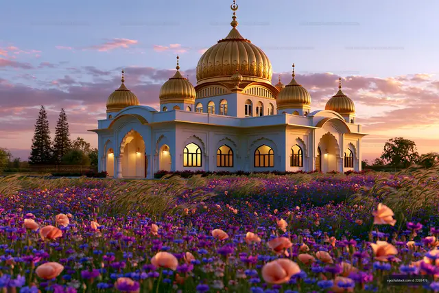 Golden dome temple with flowers during sunset