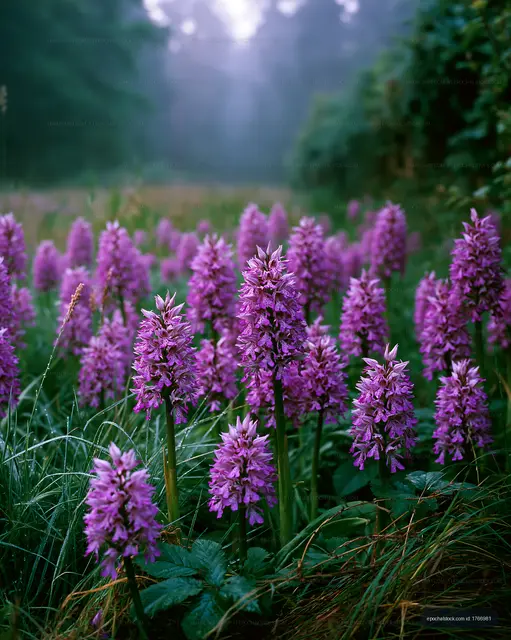 Purple flowers bloom in a misty field during early morning