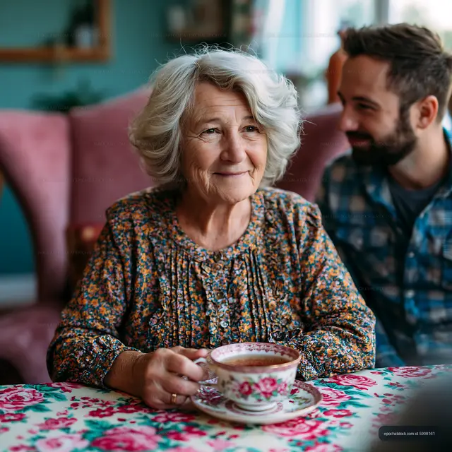 Woman and man share moment at home with tea