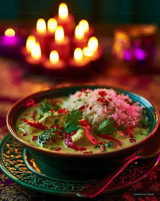 Brightly colored curry dish with rice and decor