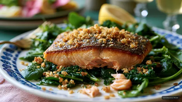 Salmon fillet with spinach and lemon on a plate