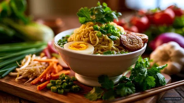 Bowl of noodles with mixed vegetables and egg on a wooden board