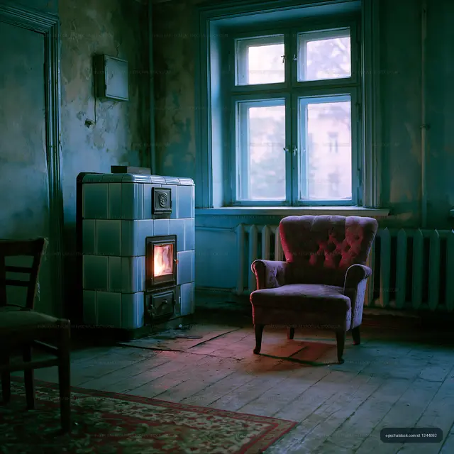 Old room with a chair and a stove by the window