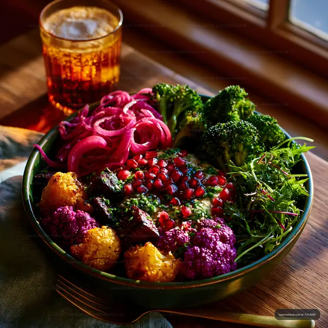Colorful vegetable dish on a wooden table with drink nearby