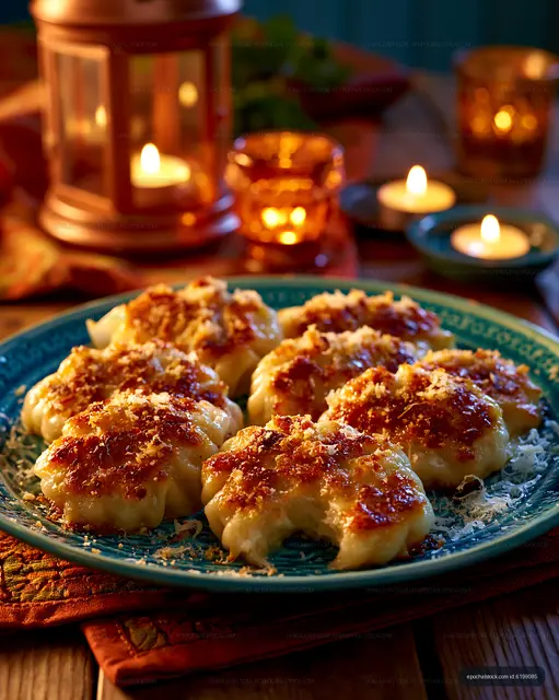 Delicious baked dumplings served on a blue plate