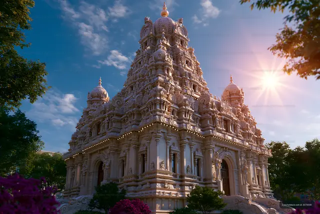 Beautiful temple under bright sky at sunset