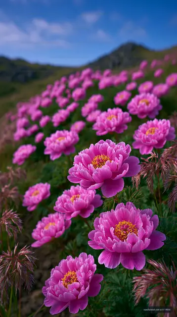 Colorful flowers bloom on a hillside in spring