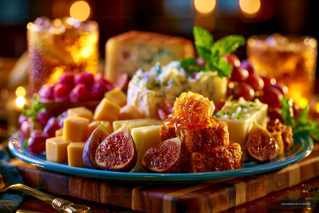Colorful platter of assorted cheeses and fruits on wooden table