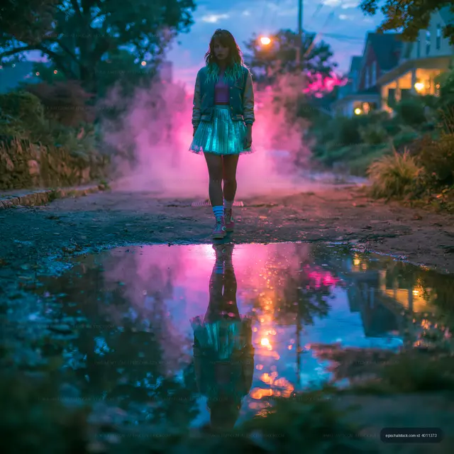 Girl standing in a street with colorful lights and reflections