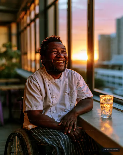 Smiling chef sitting in a wheelchair by a window at sunset