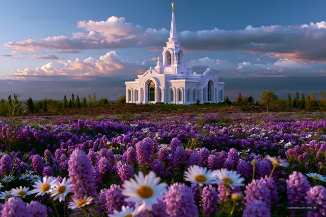 Building surrounded by purple flowers and white daisies at sunset