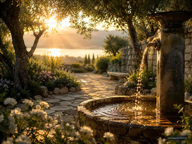 Sunset view of a stone fountain at a garden path