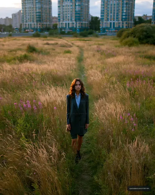 Woman walking on a path through tall grass in a city setting