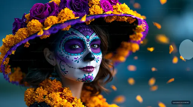 Woman with sugar skull makeup and floral hat during celebration