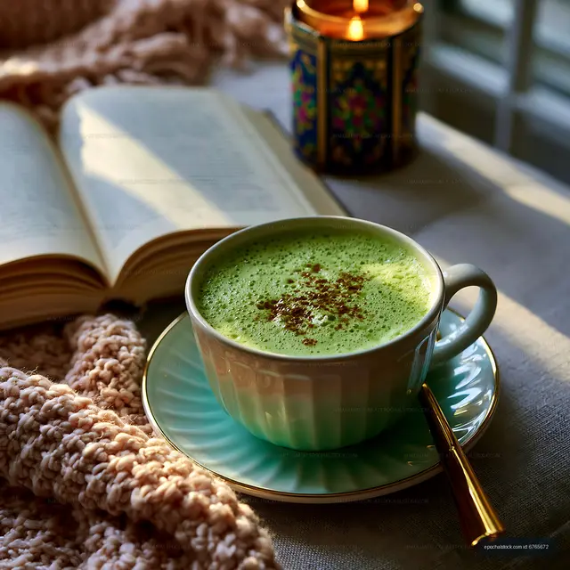 Warm cup of matcha tea beside open book on cozy table