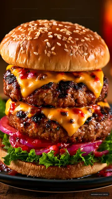Juicy double cheeseburger with sesame seed bun and fresh toppings