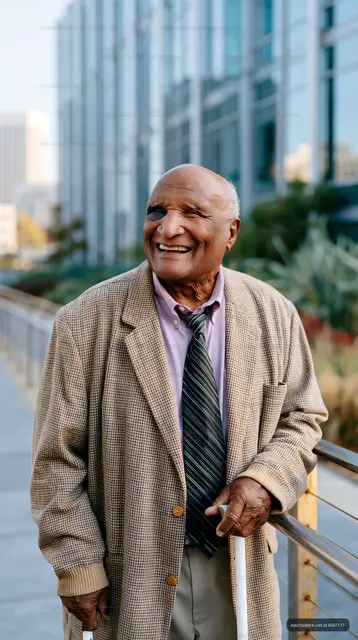 Senior man smiling outdoors in urban area with buildings around