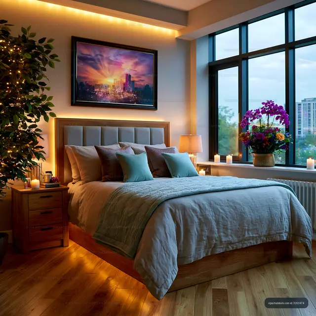 Cozy bedroom with warm lighting and decorative plants