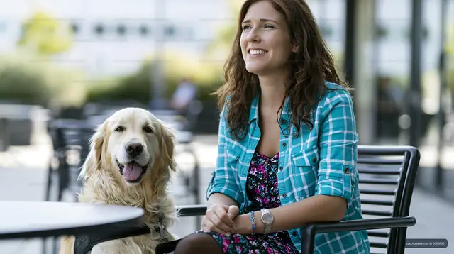 Smiling woman with golden retriever dog at outdoor cafe