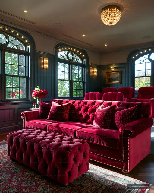 Elegant red sofa in a stylish living room with large windows