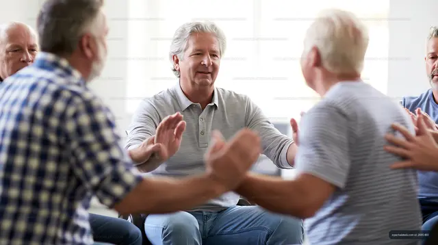 Group of men in a support session sharing experiences