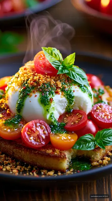 Delicious dish with burrata cheese and cherry tomatoes