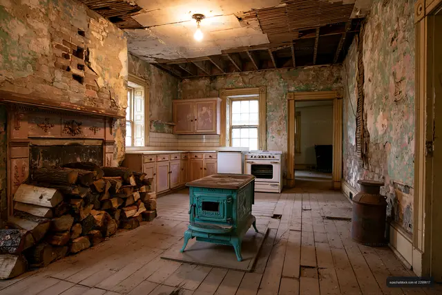 Abandoned kitchen with old stove and peeling walls