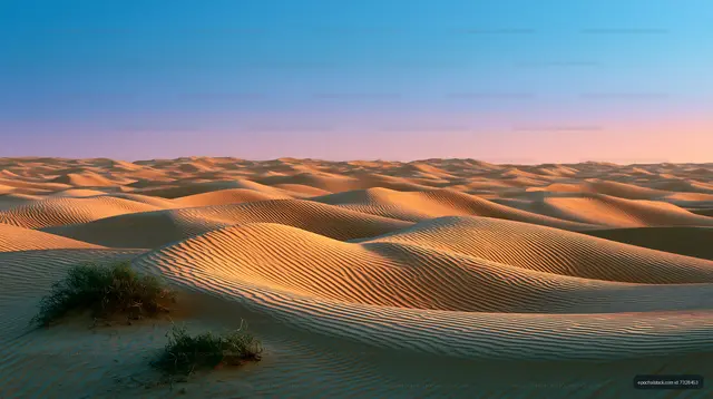 Golden sand dunes stretch under a clear blue sky at sunset