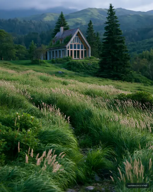 Green grass and house in a mountainous area during daytime
