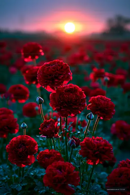 Red flowers blooming under a sunset sky in a garden