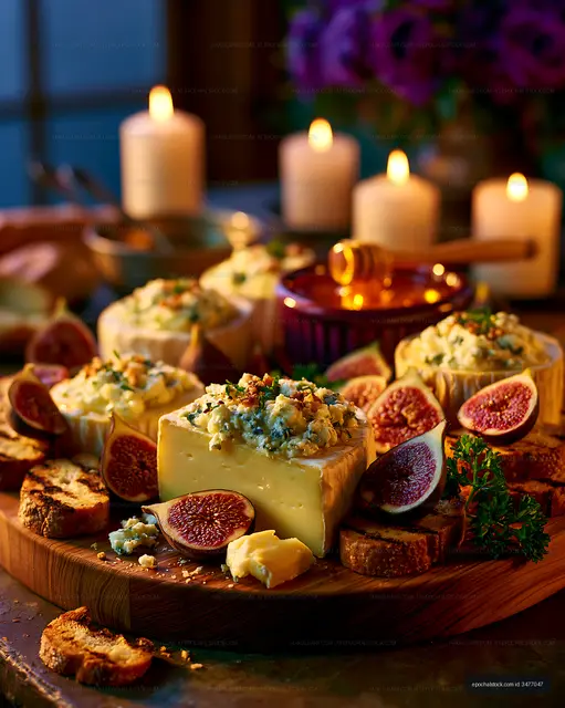 Cheese platter with figs and bread on a wooden board