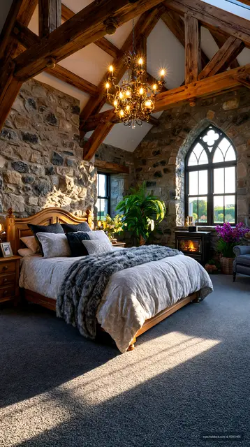 Rustic bedroom with stone walls and large windows