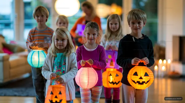 Children holding colorful lanterns during Halloween celebration